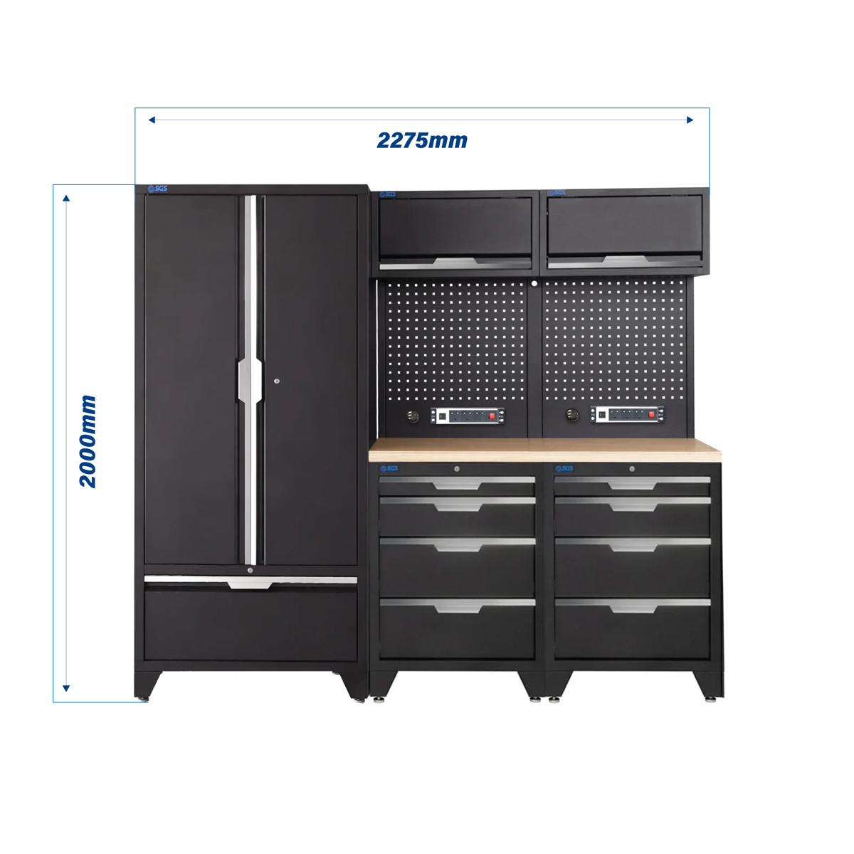 SGS 7pc Modular Garage Storage | 8 Drawers | Plywood Worktop | 2x Upper Cabinets | Tall Double Cabinet | Pegboards with Power Strip